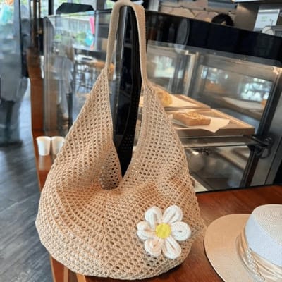 Dames zomer strandtas, beige gehaakte strandtas, opvouwbaar en lichtgewicht, bohemian stijl, geschikt voor vakantie, winkelen en dagelijks gebruik,Khaki