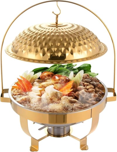 Ronde Buffet Warmer - Schaal met Deksel - Feestelijk Serveren - Hangend Deksel Ontwerp - 4.5L Capaciteit - Goud