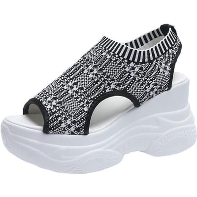 Zomer Nieuwe Gebreide Schoenen Fee Vissenbek Wind Cake Zool Hoge Hak Vliegweefsel Sleehak Dikke Zool Sport Dames Sandalen 37 black