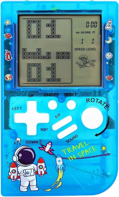 Spelconsole van bakstenen voor kinderen, kleine draagbare console, transparante behuizing, 23 blokspellen, retro, moeilijkheid/snelheid, verstelbaar, puzzel, cadeau voor verjaardag, Kerstmis