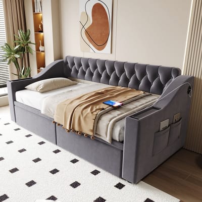 Wishdor Slaapbank 90x190 cm - Opberglades, USB & Type-C - Fluwelen bekleding - Grijs - Relaxen met maximaal gemak