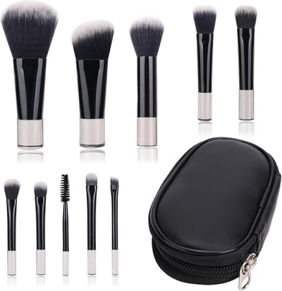 10 stuks make-upkwasten voor op reis, mini-make-upkwast met PU-tas, cosmetische kwastenset, draagbare make-upkwastenset (zwart)