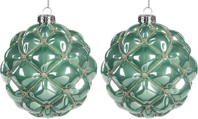 Viv! Christmas Kerstbal - Zilveren kraaltjes - set van 2 - glas - turquoise zilver - 10cm