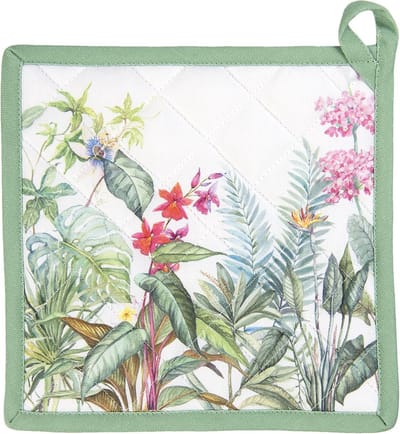Clayre & Eef Pannenlap 20x20 cm Wit Groen Katoen Vierkant Jungle Botanics Afgiet Pannenlap