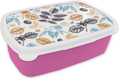 Broodtrommel Roze - Lunchbox - Brooddoos - Vintage - Bladeren - Noot - Patronen - 18x12x6 cm - Kinderen - Meisje
