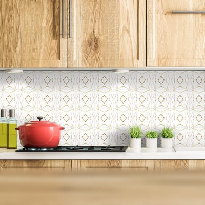 Zelfklevende tegelmuurstickers voor keuken en badkamer - 9 cementtegelstickers in marmer- en goudtinten - 9 stickers van 20x20 cm