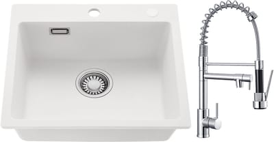 CECIPA max Spoelbak Keuken 50x45CM - Spoelbakken Graniet Met keukenkraan met uittrekbare uitloop - Enkele spoelbak Wit - Met waterafvoersysteem - Voor 50 cm kast