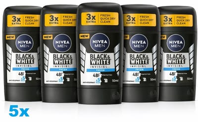 NIVEA MEN Black & White Invisible Fresh Deodorant Stick 5 x 50ml – 48H Anti-Transpirant – Voordeelverpakking 5 Stuks