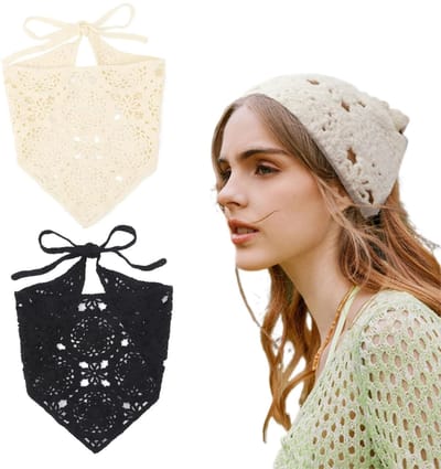 carmdering - Bandana - Haarsjaal - Bloemenprint - Set van 2 (zwart/wit), zachte katoenmix - Verstelbare bandjes - Opengewerkt bloemenontwerp - Geschikt voor dagelijks gebruik en feestjes