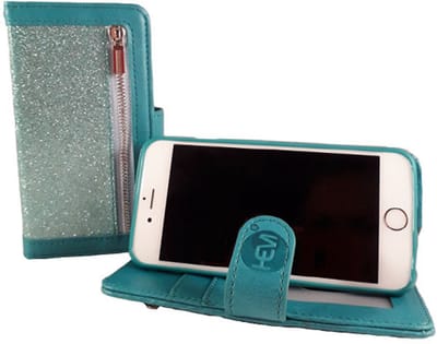 HEM Lederlook Hoesje Geschikt Voor Apple iPhone 12 En 12 Pro – Magic Glitter Pure Turquoise (Blauwgroen) Portemonnee Telefoonhoesje Met Rits