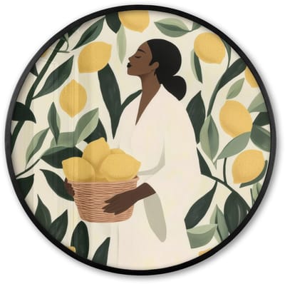 Poster in lijst Rond - Fotolijst 60x60 cm - Posters - Vrouw - Mand - Citroenen - Bladeren - Ronde posterlijst zwart - Decoratie - Wanddecoratie woonkamer - Muurdecoratie slaapkamer