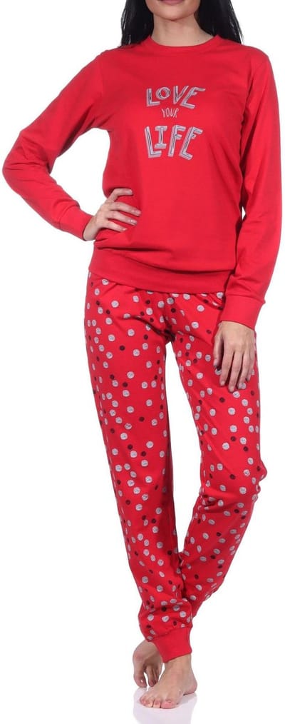 Normann dames pyjama met lange mouwen en manchetten in hartjes-polkadot-look