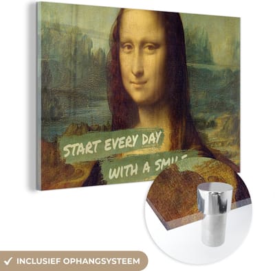 MuchoWow® Glasschilderij 120x80 cm - Schilderij acrylglas - Mona Lisa - Quote - Da Vinci - Foto op glas - Schilderijen