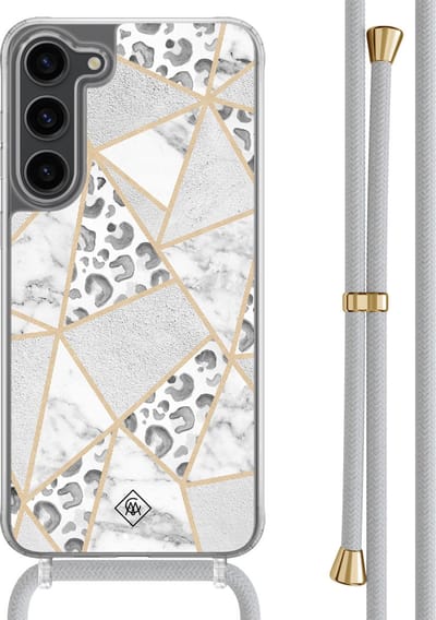 Casimoda® hoesje met grijs koord - Geschikt voor Samsung S23 Plus - Stone & Leopard - Afneembaar koord - TPU/polycarbonaat - Grijs
