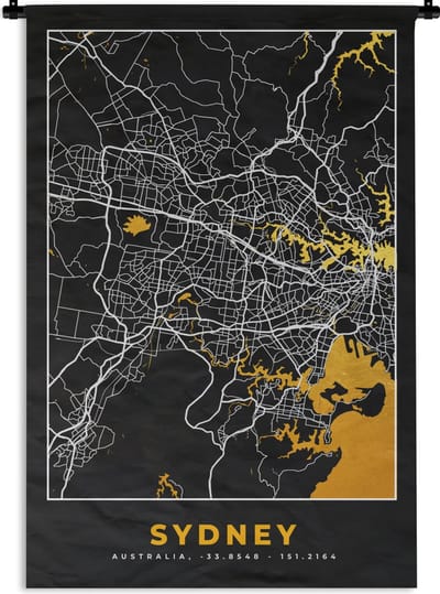 Wandkleed - Wanddoek - Sydney - Stadskaart - Plattegrond - Goud - Kaart - 120x180 cm - Wandtapijt