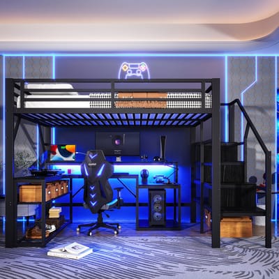 VVBV Kinderhoogslaper 140x200 cm met Uitvalbeveiliging, Trap/Ladder - Planken, Bureau - Metaal Zwart - Zonder Matras