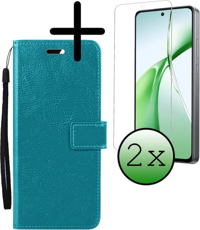 Hoesje Met 2x Screenprotector - Geschikt voor OnePlus Nord CE4 - Luxe Pasjeshouder - Bookcase Portemonee - Flip Case - Kunstleer Book Case - Flipcase Hoes - Book Cover - Walletcase - Portemonneehoes - Turquoise