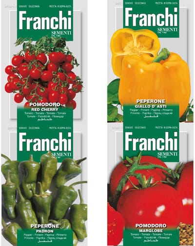 bijzondere buitenlandse groente zaden set van 4 soorten | Paprika Peperone Giallo D'Asti | Peper Peperone Padron | tomaat Pomodoro Marglobe | Tomaat Pomodoro Red Cherry
