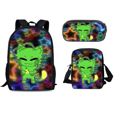 Groene kat Regretevator Gnarpy driedelig set rugzak cartoon basisschool rugzak schoudertas etui green