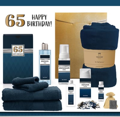 Geschenkset “65 Jaar Happy Birthday!” - 11 Producten - 2000 Gram | Giftset voor hem - Luxe wellness cadeaubox - Cadeau man Verjaardag - Veertig - Gefeliciteerd - Gift Sixty five years - Goud - Cadeaupakket Deluxe - Vriend - Verjaardagscadeau - Blauw