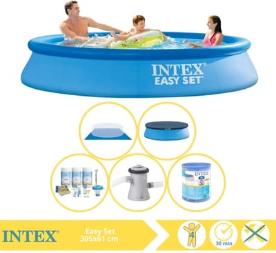 Intex Rond Opblaasbaar Easy Set Zwembad - 305 x 61 cm - Blauw - Inclusief Afdekzeil - Onderhoudspakket - Zwembadfilterpomp - Filter - Grondzeil - 6-delig