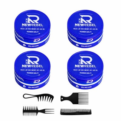 NEWREBEL Glacier haar wax – Sterke hold, makkelijk uitwasbaar Set van 4 potjes (600 ml) + 4 stylingkammen