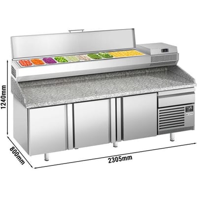 GGM Gastro Pizzakühltisch Premium PLUS - 2305x800mm - mit 3 Türen & 1 Schublade - inkl. Kühlaufsatzvitrine - 10x GN 1/3 Zilver