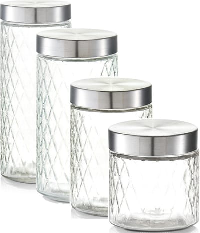 Zeller Glazen voorraadpotten/bewaarpotten - 4x - 750/1200/1500/2000 ml geruit - Bewaarpotten/voorraadpotten - Voedsel bewaren/opslaan