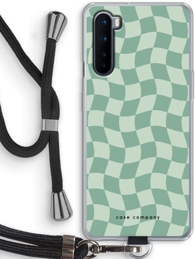 Case Company® - Hoesje met koord geschikt voor OnePlus Nord hoesje met Koord - Grid Groen - Telefoonhoesje met Zwart Koord - Bescherming aan alle Kanten en Over de Schermrand