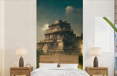 Behang - Fotobehang Tempel - Jungle - wolken - Lucht - Natuur - Breedte 120 cm x hoogte 240 cm