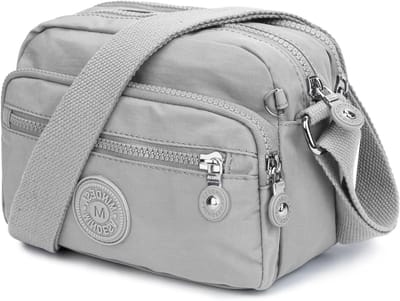 Kleine Crossbody Tas voor Vrouwen, Waterdichte Nylon Schoudertas met Meerdere Vakken voor Reizen, Winkelen en Dagelijks Gebruik, Lichtgrijs