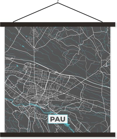 Posterhanger incl. Poster 60x60 cm - Schoolplaat - Kaart - Plattegrond - Pau - Frankrijk - Stadskaart - Textielposter - Zwarte latten - Stadskaart