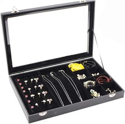 Jewelry Boxes Tray with Glass Lid, Grey Black, Jewelry Organizer, Jewelry Case for Earrings, Rings, Necklaces Boxes & Organizers