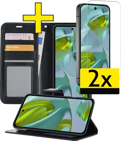 Hoesje - Met 2x Screenprotector - Geschikt voor Google Pixel 10 - Luxe Pasjeshouder - Bookcase Portemonee - Flip Case - Kunstleer Book Case - Flipcase Hoes - Book Cover - Walletcase - Portemonneehoes - Telefoonhoesjes - Zwart