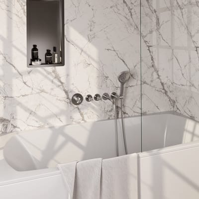 Brauer Brushed Carving thermostatische inbouw badkraan SET 02 met uitloop en 3-standen handdouche en doucheslang en wandaansluitbocht RVS geborsteld PVD