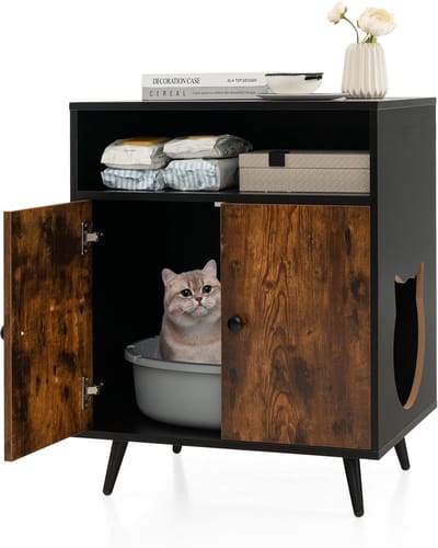 COSTWAY Kattenkast, kattentoilet, kattenhuis met dubbele deur, ingang en open legplank, kattenbak, kattenmeubel, bijzettafel, voor katten, honden, huisdieren, bruin + zwart