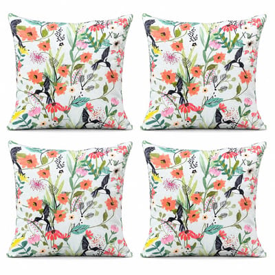 Set van 4 Kussenhoezen 45x45 cm | Lichtblauw Multicolor Bloemen- & Vogelprint | Katoenen Canvas Kussenhoes | Digitale Print Cushion Covers | Sierkussens voor Woonkamer