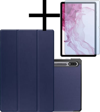 Hoes - Geschikt voor Samsung Galaxy Tab S9 - Met Screenprotector - Trifold Bookcase - Hard Cover Case - Met Uitsparing Geschikt voor S Pen - Hardcover Book - Tablet Hoesje - Donkerblauw