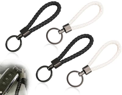Dailygoods- Sleutelhanger Set van 4 - Leren Sleutelhangers - Gevlochten Sleutelband - Metalen Sluiting - Motor/Auto/Fiets/Huis - Hoogwaardig PU-leer - Sleutelring