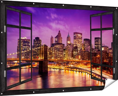 Gards Tuinposter Doorkijk Skyline New York van Centrum in het Paars - 180x120 cm - Tuindoek - Tuindecoratie - Wanddecoratie buiten - Tuinschilderij