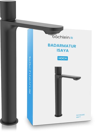 Bächlein Badarmatur Isaya high in modern design, extra hoge eengreepsmengkraan voor opzetwastafel met bevestigingsset, badarmatuur in matzwart