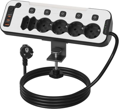 Bureau Stekkerdoos - Tafelstopcontact USB - Apparaten Opladen - Met Klembevestiging - 2 Meter Kabel - Zwart