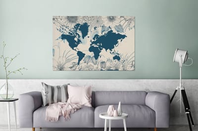 Aluminium schilderij 180x120 cm - Wanddecoratie metaal - Wereldkaart - Blauw - Bloemen - Metalen muurdecoratie woonkamer - Decoratie industrieel - Foto op dibond - Industriële accessoires slaapkamer