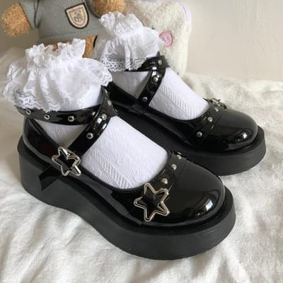 Japanse Lolita Schoenen Ster Gesp Riem Mary Janes Dames Gekruiste Platform Schoen Lakleer Meisjes Klinknagel Casual Schoenen 39 gray