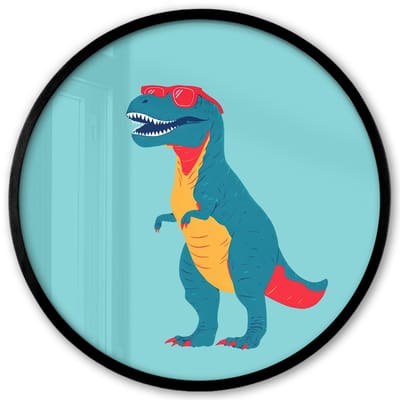 Poster in lijst Rond - Fotolijst 40x40 cm - Posters - Dinosaurus - Blauw - Zonnebril - Ronde posterlijst zwart - Decoratie - Wanddecoratie woonkamer - Muurdecoratie slaapkamer