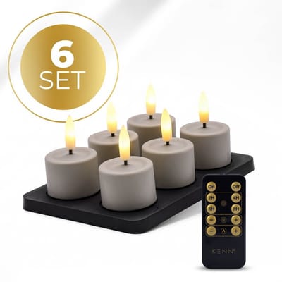 KENN® GlowPro™ Oplaadbare Waxinelichtjes – Tot 350 Branduren – Set van 6 – Taupe – Met Afstandsbediening – Magnetisch Oplaadstation – Timer – Realistische Wax Look & Feel – LED Waxinelichtjes – Oplaadbare Theelichtjes – Oplaadbare Kaarsen – Horeca