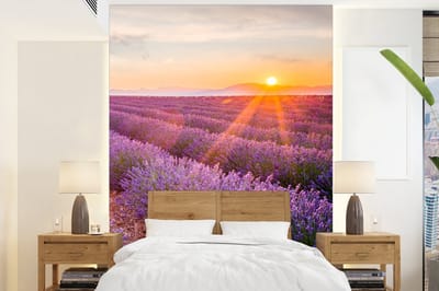 Behang - Fotobehang Lavendel - Zonsondergang - Bloemen - Paars - Breedte 190 cm x hoogte 260 cm