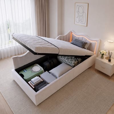 Kinderbed 90x200cm met ledverlichting, eenpersoons slaapbank 90x200 met hydraulische opbergruimte en hoofdeinde, eenpersoons bedframe met lattenbodem, Fluwelen, Beige