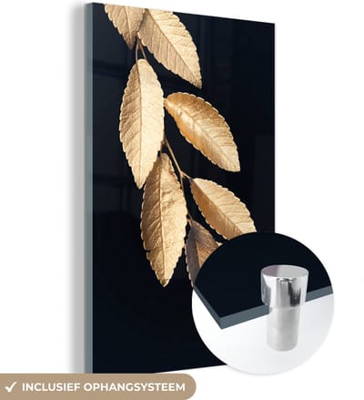 MuchoWow® Glasschilderij 120x180 cm - Schilderij acrylglas - Bladeren - Zwart - Goud - Luxe - Planten - Foto op glas - Schilderijen