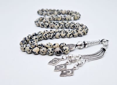 Handgemaakte tesbih "Tasbih" natuursteen " Jasper Dalmatin" - Aantal kralen 99 - Diameter kralen 8MM - met metaal tassel "Turkiye" - Een mooi cadeau-idee